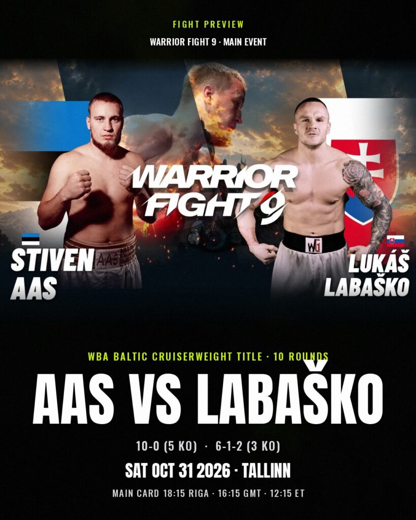 Stiven Aas and Lukáš Labaško, Warrior Fight 9 WBA Baltic cruiserweight title fight preview graphic, Tallinn, 31 October 2026