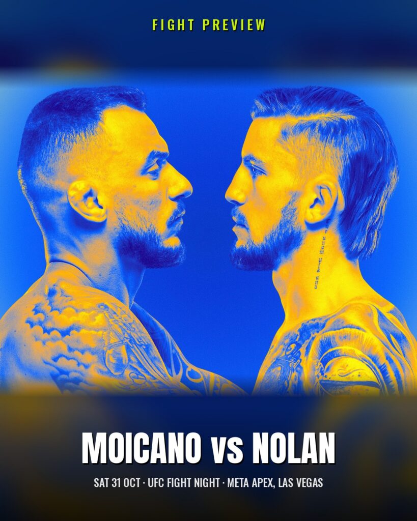 Renato Moicano and Tom Nolan face to face in profile, UFC event art for the 31 October main event