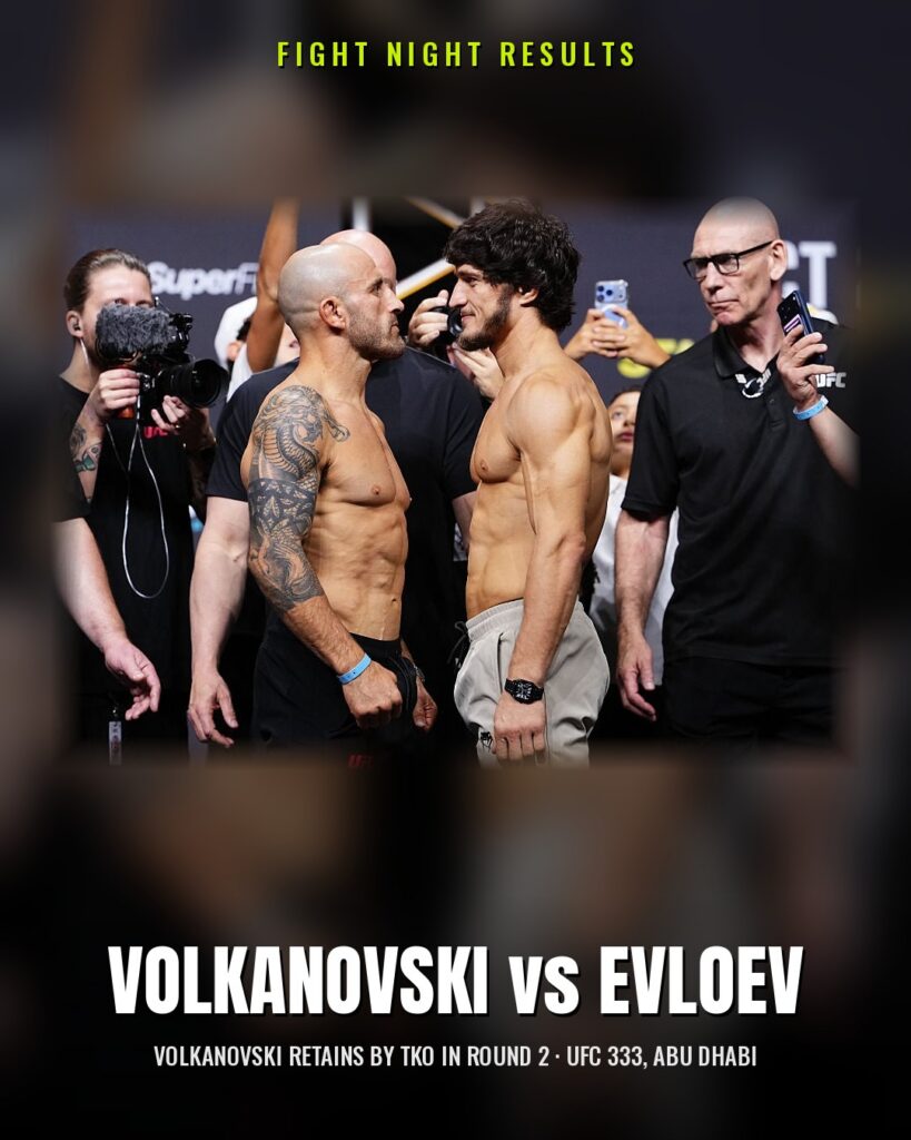 Alexander Volkanovski and Movsar Evloev face off at the UFC 333 ceremonial weigh-in, Etihad Arena, Abu Dhabi, 23 October 2026